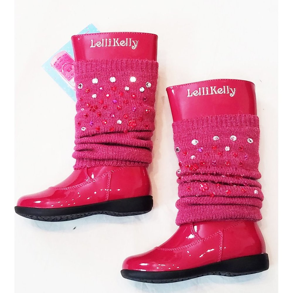 Lelli Kelly Tall Patent leather Girls Boots w/Jewels & Leg Warmers NEW 28/10US